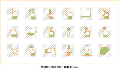 Click Set of Buttons related Vector Icons. Contains such Icons as Cursor, Mouse, Hand, Index Finger, Arrow and more. Editable Stroke. Pixel Perfect