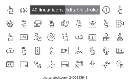 Klicken Sie auf Set der Schaltflächen für Vektorsymbole. Enthält Symbole wie Cursor, Maus, Hand, Index Finger, Pfeil und mehr. Bearbeitbarer Stroke. 32 x 32 Pixel