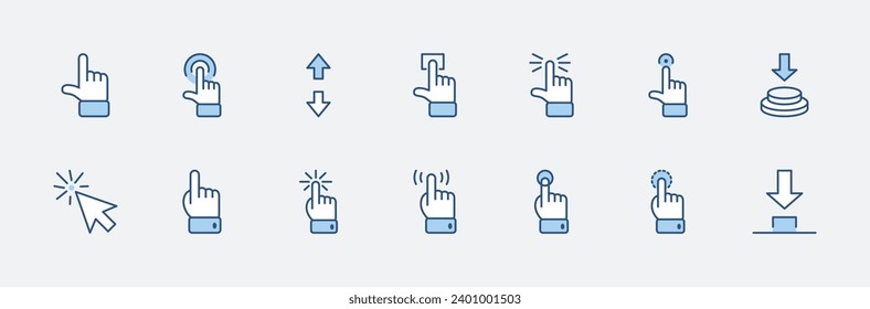 Click Set of Buttons related Vector Icons. Contains such Icons as Cursor, Mouse, Hand, Index Finger, Arrow and more. Editable Stroke. 32x32 Pixel Perfect