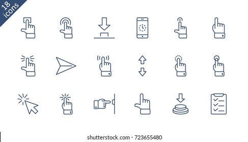 Click Set of Buttons related Vector Icons. Contains such Icons as Cursor, Mouse, Hand, Index Finger, Arrow and more. Editable Stroke. 32x32 Pixel Perfect