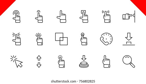 Click Set of Buttons related Vector Icons. Contains such Icons as Cursor, Mouse, Hand, Index Finger, Arrow and more. Editable Stroke. 32x32 Pixel Perfect