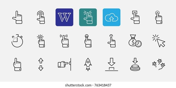 Click Set of Buttons related Vector Icons. Contains such Icons as Cursor, Mouse, Hand, Index Finger, Arrow and more. Editable Stroke. 32x32 Pixel Perfect