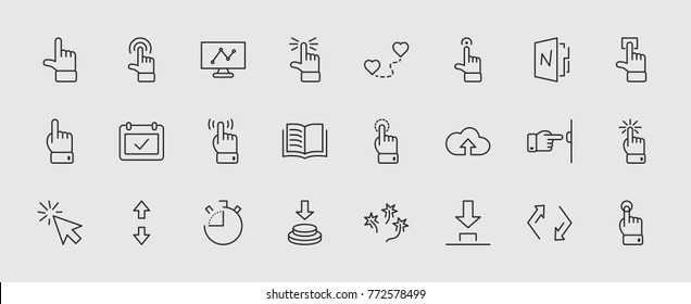 Click Set of Buttons related Vector Icons. Contains such Icons as Cursor, Mouse, Hand, Index Finger, Arrow and more. Editable Stroke. 32x32 Pixel Perfect