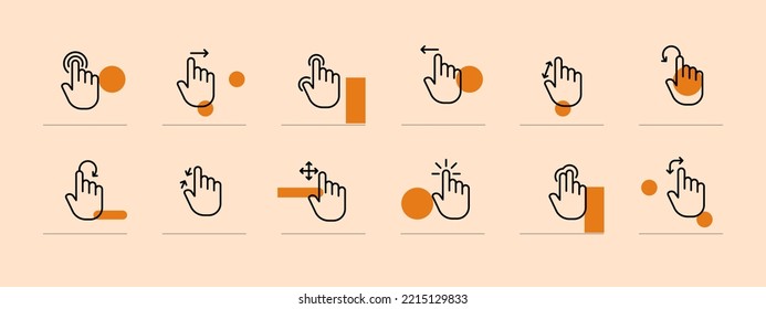 Click set icon. Index finger, brush, tapping, sliding, Scrolling, touch, cursor, arrow, sensor, watch. Pressing concept. Pastel color background. Vector line icon