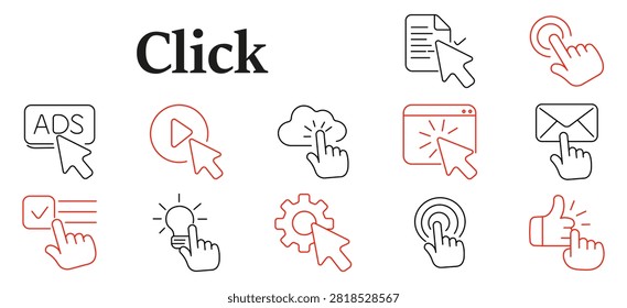 Click set icon. Interactive cursor, digital selection, online notification, advertising interface, approval gesture, virtual communication, touchscreen navigation, internet action collection.