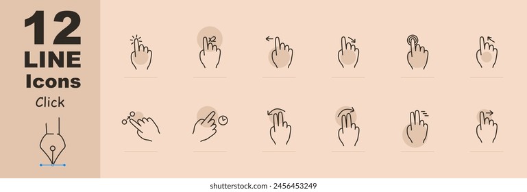 Hacer clic set icon. Prensa, doble toque, deslice a la izquierda y a la derecha, mantenga, toque 3D, mantenga, mantenga, deslice con dos dedos, movimiento inteligente, desplácese, mueva. Concepto de gestos Abstractas.