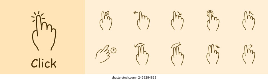Click set icon. Press, double touch, swipe left and right, hold, 3D touch, hold, hold, swipe with two fingers, smart movement, scroll, move. Abstract gestures concept.