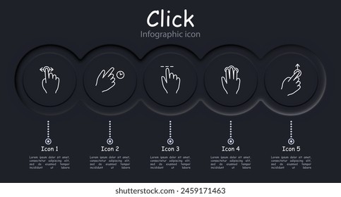 Click set icon. Press, double touch, swipe left and right, hold, 3D touch, hold, swipe with two fingers, smart movement, scroll, move, neomorphism, infographic. Abstract gestures concept.