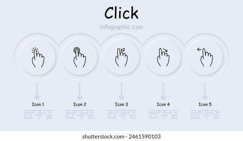 Click set icon. Press, double touch, swipe left and right, hold, 3D touch, hold, hold, swipe with two fingers, smart movement, scroll, move, neomorphism, infographic. Abstract gestures concept.