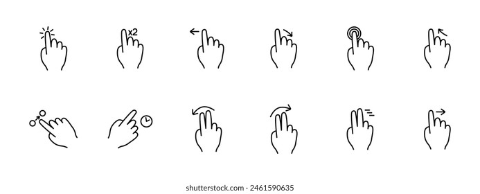 Click set icon. Press, double touch, swipe left and right, hold, 3D touch, hold, hold, swipe with two fingers, smart movement, scroll, move. Abstract gestures concept.