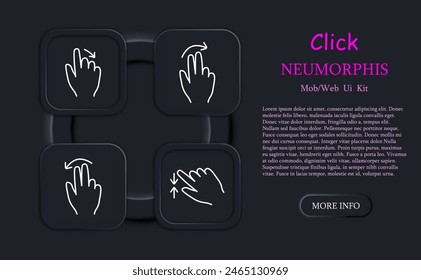Click set icon. Press, double touch, swipe left and right, hold, 3D touch, hold, hold, swipe with two fingers, smart movement, scroll, move, neomorphism. Abstract gestures concept.