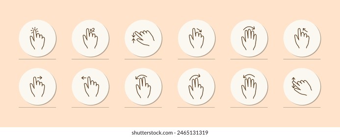 Click set icon. Press, double touch, swipe left and right, hold, 3D touch, hold, hold, swipe with two fingers, smart movement, scroll, move. Abstract gestures concept.