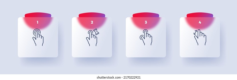 Click set icon. Tap, Index finger, zoom in, tapping, sliding, 3d object modeling, directing, arrow, sensor, watch. Pressing concept. Glassmorphism style. Vector line icon for Business and Advertising
