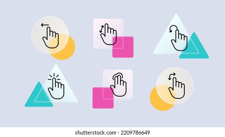 Click set icon. Tap, Index finger, zoom in, tapping, sliding, 3d object modeling, directing, arrow, sensor, touchscreen, watch. Pressing concept. Glassmorphism style. Vector line icon