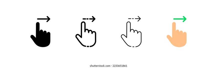 Click set icon. Tap, Index finger, knob, tapping, sliding, 3d object modeling, snap, button, arrow, sensor, key. Pressing concept. Vector four icon in different style on white background