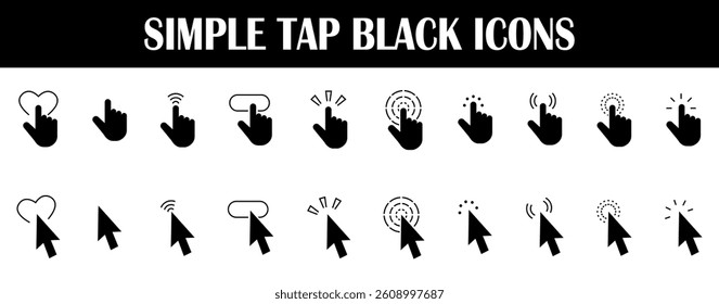 Click and simple tap black icons. pointer arrow icons.