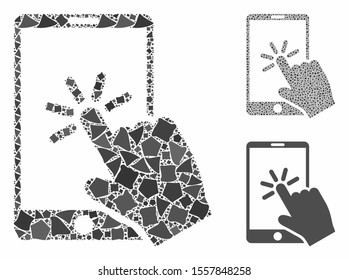 Click smartphone composition of trembly pieces in various sizes and color tones, based on click smartphone icon. Vector humpy pieces are united into collage.