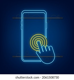 Click smartphone. Empty screen, phone mockup. Neon device mockup. Cursor icon vector. Hand pointer vector stock illustration