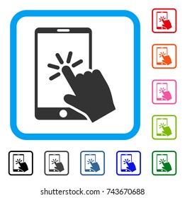 Click Smartphone icon. Flat grey pictogram symbol in a blue rounded square. Black, gray, green, blue, red, orange color variants of Click Smartphone vector. Designed for web and app interfaces.