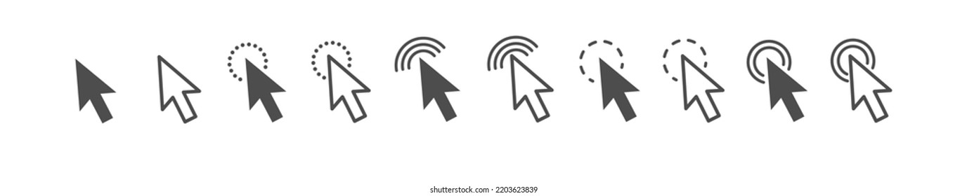 click symbol. Click a computer mouse with an arrow. A set of computer cursor control icons. Arrow to activate a task or function. Flat style