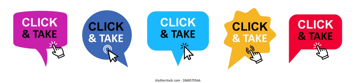 Click and take set chat bubble button with click hand and arrow – stock vector