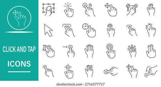 Hacer clic y toque el conjunto de iconos en estilo de línea. Conjunto de 24 iconos relacionados con la interacción de los dedos, deslizamiento, deslizamiento, puntero del dedo, arrastrar, zoom, desplazamiento y más colección de Vector. EPS 10