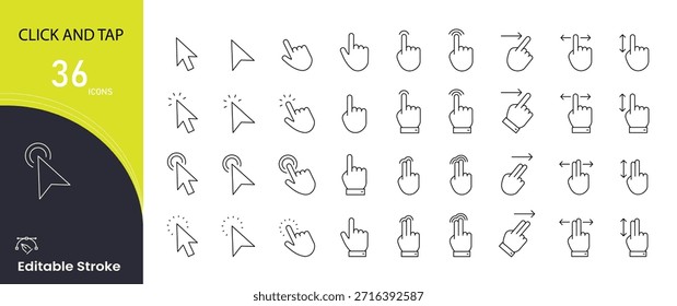 Click and tap icons set. Includes icons for user interaction, touch gestures, clicking actions, navigation, and interface controls. Ideal for and app design visuals. Editable stroke.