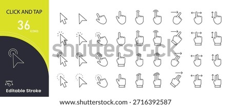 Click and tap icons set. Includes icons for user interaction, touch gestures, clicking actions, navigation, and interface controls. Ideal for and app design visuals. Editable stroke.