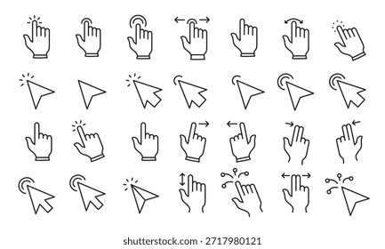 Click, Tap and Touch Line Icons – Editable Stroke Vector,Mouse and Touch Tap Icon Collection – Editable Stroke Vector,Click  Tap Editable Line Icons Set