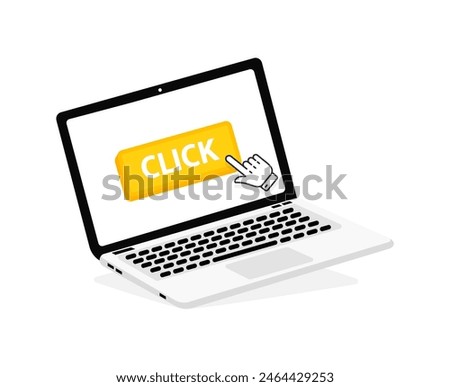 Click text on Laptop screen with a red button . Button with pointer clicking. Finger Pressing