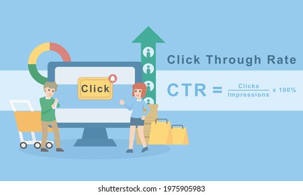 Click Through Rate (CTR) formula,use measure keywords and ads,number of clicks your ad receives divided by the number of times,business commerce online advertising analysis,vector illustration.