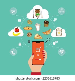 Click through rate, hand clicking button on mobile phone flat vector concept. Set of flat design concept icons for secure online shopping and data protection. Menu on smart phone.