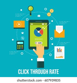 Click Through Rate, Hand Clicking Button On Mobile Phone Flat Vector Concept