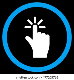 Click vector bicolor rounded icon. Image style is a flat icon symbol inside a circle, blue and white colors, black background.