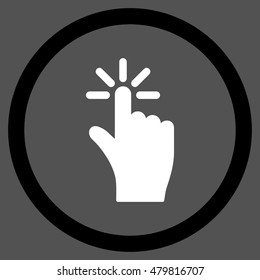 Click vector bicolor rounded icon. Image style is a flat icon symbol inside a circle, black and white colors, gray background.