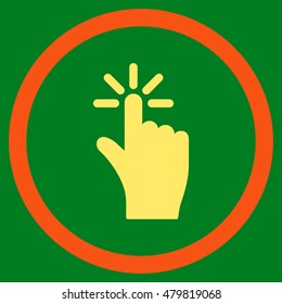 Click vector bicolor rounded icon. Image style is a flat icon symbol inside a circle, orange and yellow colors, green background.