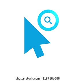 Click vector icon, cursor symbol with research sign. Cursor arrow icon and explore, find, inspect symbol. Vector illustration