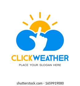 Click weather vector logo template. This design use hand, cloud and sun symbol. Suitable for climate news.