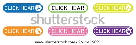 Click web buttons collection, Click Here Button with Click cursor,  Click here web button sign symbol.
