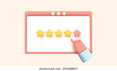 Click Women's Men's Hand Gives The Rating Five Stars. Customer Rating Feedback Concept From The Client About Employee Of Website. Realistic 3d Design. For Mobile Applications. Vector Illustration