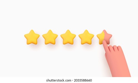 Click Women's Men's Hand gives the rating Five stars. Customer rating feedback concept from the client about employee of website. Realistic 3d design. For mobile applications. Vector illustration