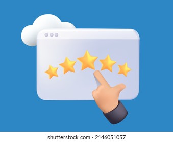 Click Women's Men's Hand gives the rating Five stars. Customer rating feedback concept from the client about employee of website. Realistic 3d design. For mobile applications. Vector illustration