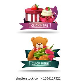 Clickable mother's day banner for website with gift, strawberry, cupcake and Teddy bear with a bouquet of tulips