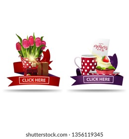 Clickable mother's day banner for website with cup of tea with cupcake, bucket with tulips and gift