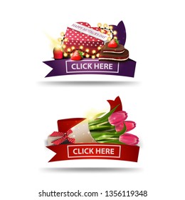 Clickable mother's day banner for website with gift in the shape of a heart and bouquet of tulips