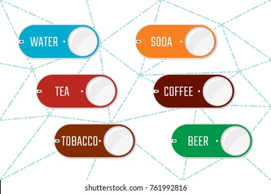 Clickable One Button Device for Making Orders and Lettering Water Tea Coffee Soda Beer Tobacco - Grey and Colored Elements on Polygonal Dashed Lines Background - Vector Flat Graphic Design