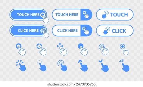 Clickable Web Buttons with Cursor Pointer Icon. Web Site Button Set Collection. Call for Action Click and Touch Button. Vector Illustration.