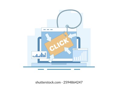 Clickbait concept, Increasing website traffic through clickbait strategy, Clicking on links, Digital advertising tactics, clickbait to Increase click-through rate. Flat vector illustration.