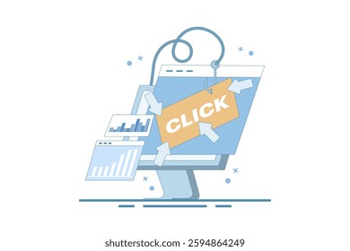 Clickbait concept, Increasing website traffic through clickbait strategy, Clicking on links, Digital advertising tactics, clickbait to Increase click-through rate. Flat vector illustration.