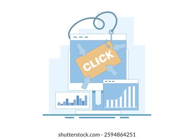 Clickbait concept, Increasing website traffic through clickbait strategy, Clicking on links, Digital advertising tactics, clickbait to Increase click-through rate. Flat vector illustration.
